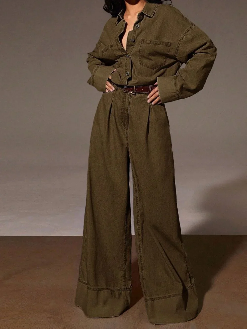 Coffee Brown Casual Women's Denim Loose Button Front Drop Shoulder Jumpsuit